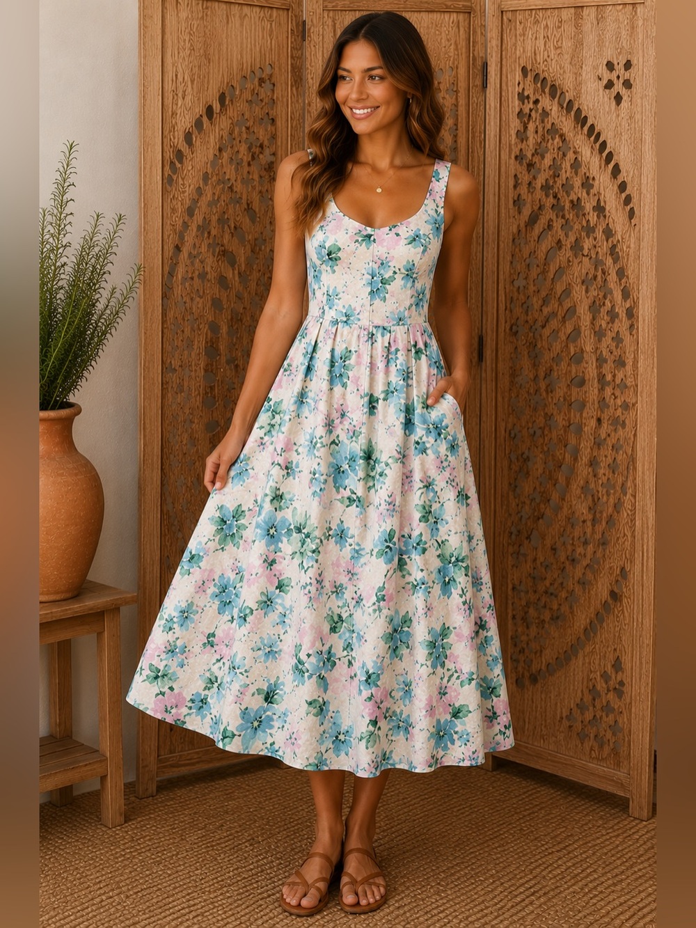 Old Navy Floral Linen Blend Midi Dress Blue Pink Cottagecore Large